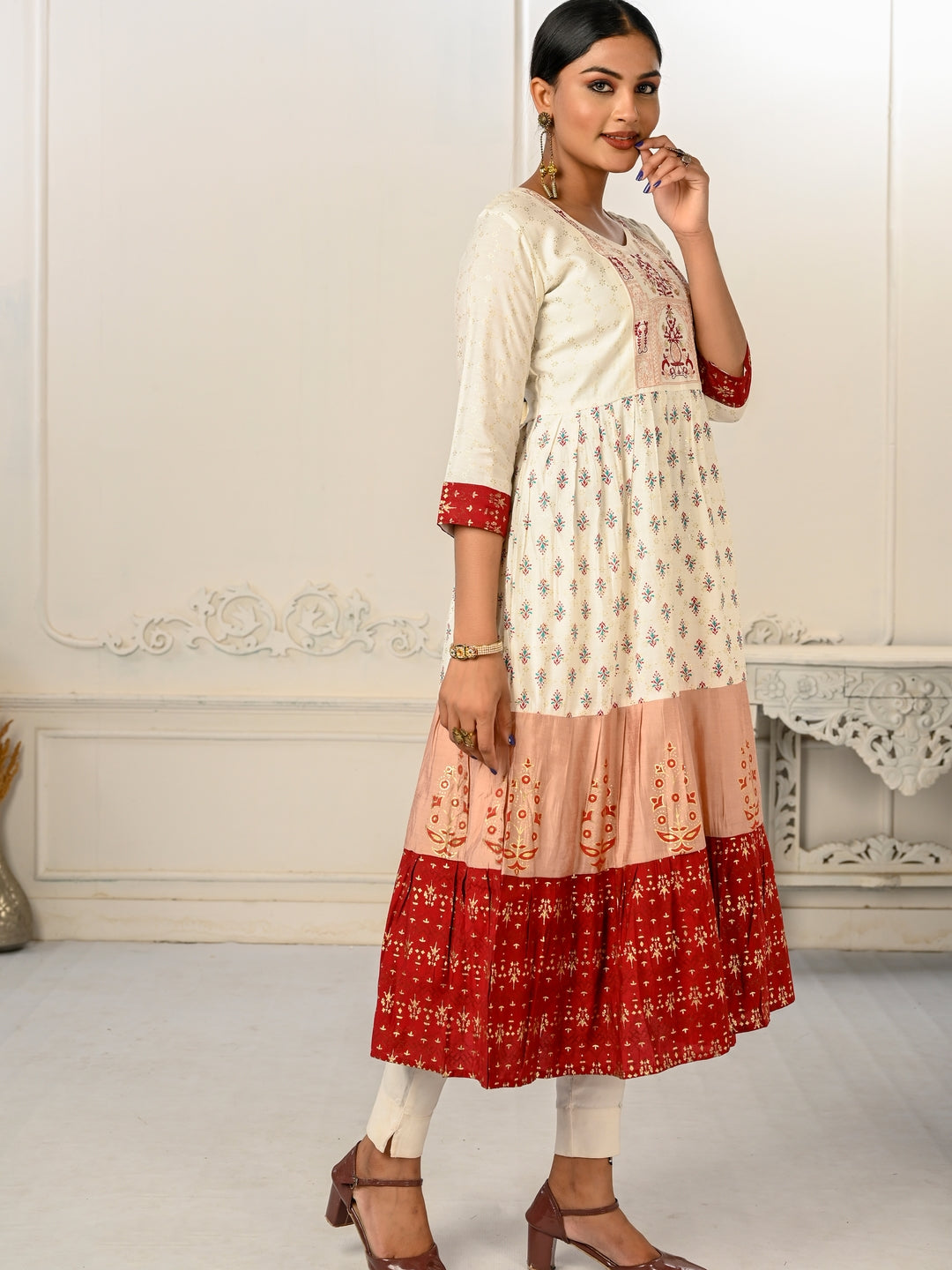 Cream Colour cotton hand print kurti with vibrant patterns
