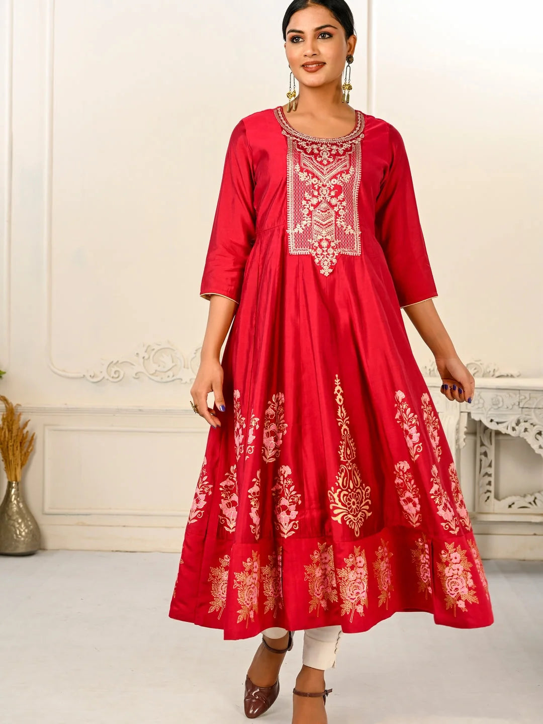 Red Colour cotton hand print kurti with vibrant patterns-MLWSHKT8002RED