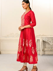 Red Colour cotton hand print kurti with vibrant patterns-MLWSHKT8002RED