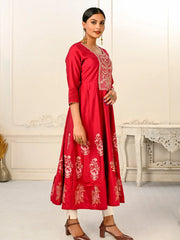 Red Colour cotton hand print kurti with vibrant patterns-MLWSHKT8002RED