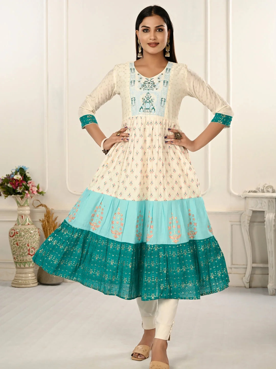 Cream Colour cotton hand print kurti with vibrant patterns