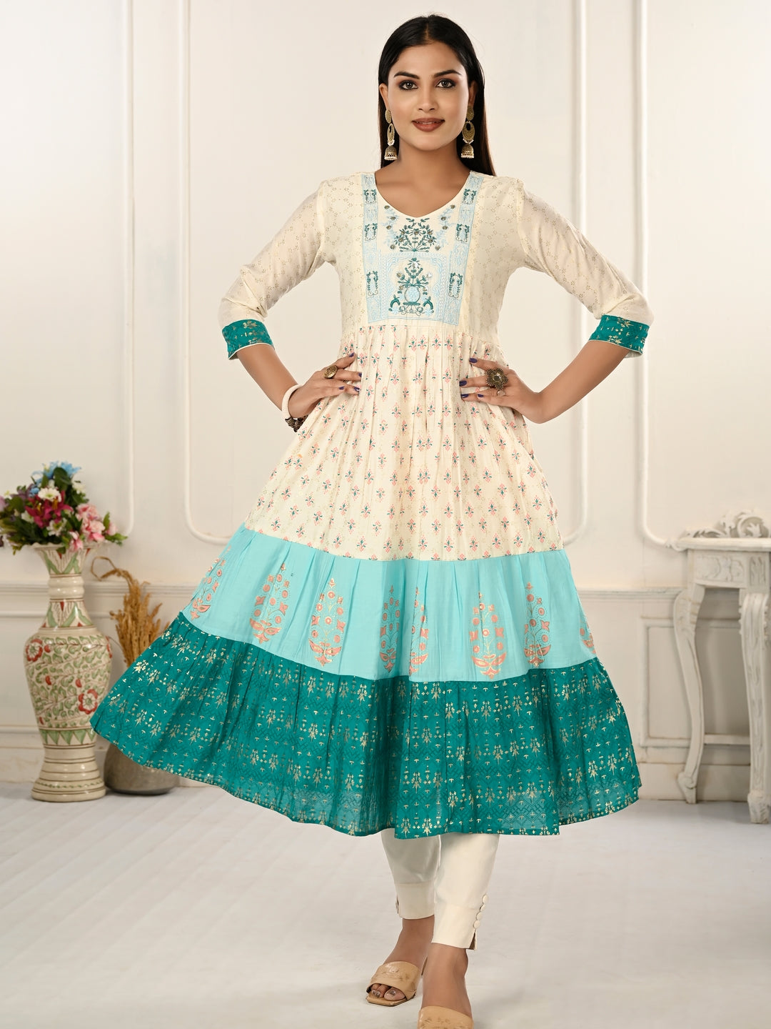 Cream Colour cotton hand print kurti with vibrant patterns