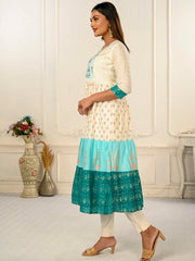 Cream Colour cotton hand print kurti with vibrant patterns-MLWSHKT8004CRM