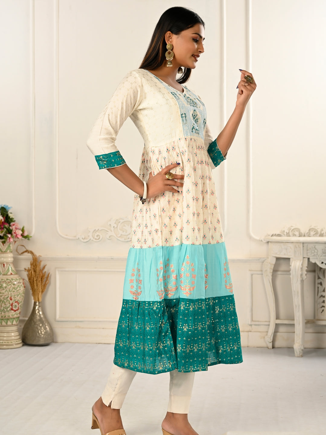 Cream Colour cotton hand print kurti with vibrant patterns