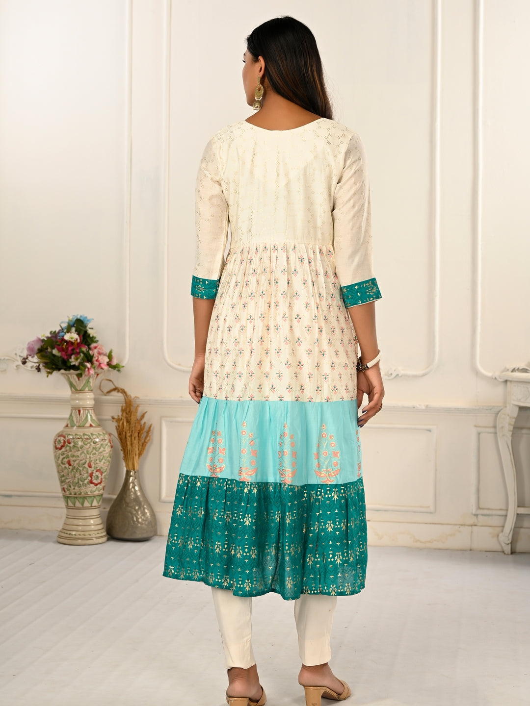 Cream Colour cotton hand print kurti with vibrant patterns
