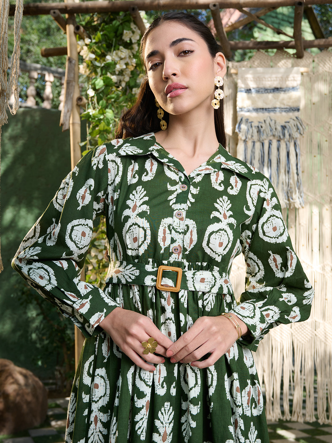 Women's Green Ikat Printed Cotton Flared Dress (DRSGREENFERI) | DesiQl