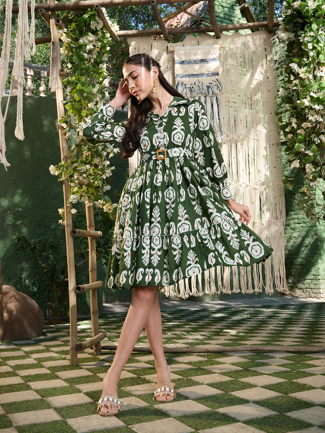 Women's Green Ikat Printed Cotton Flared Dress (DRSGREENFERI) | DesiQl