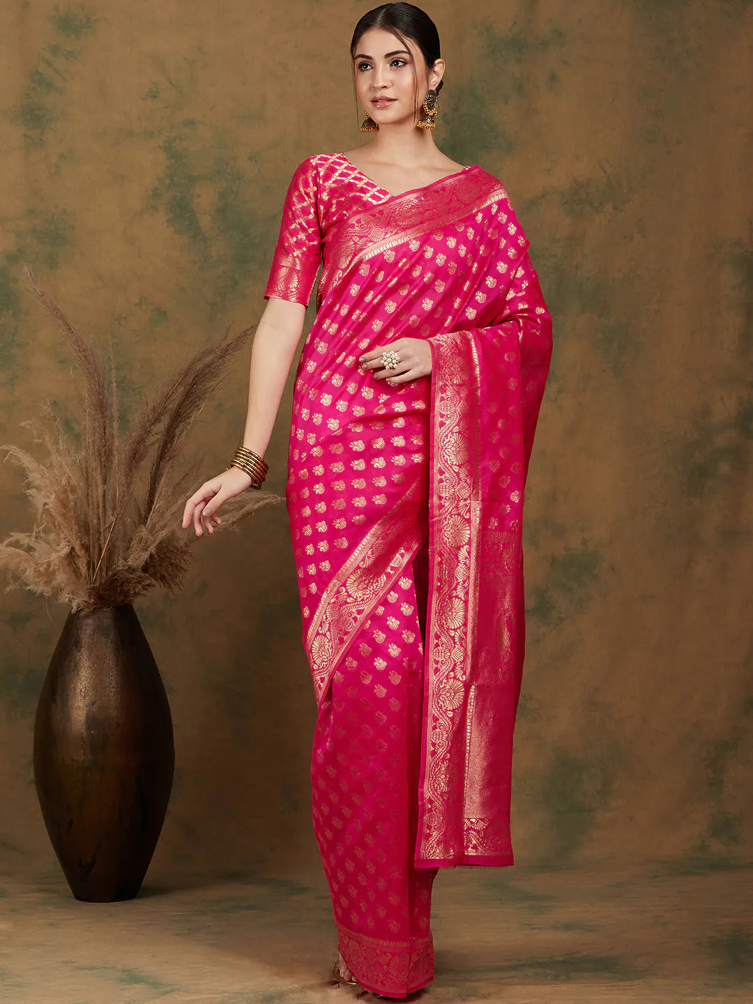 Pink Woven Polyester Saree | Kanchipuram Silk Saree Style