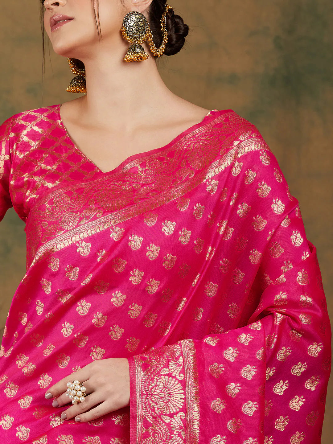 Pink Woven Polyester Saree | Kanchipuram Silk Saree Style