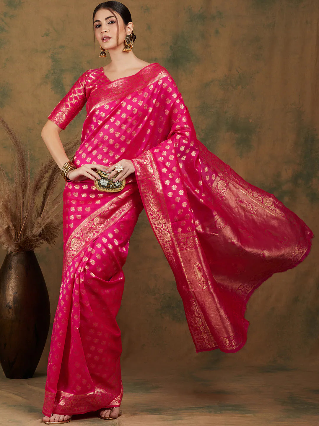 Pink Woven Polyester Saree | Kanchipuram Silk Saree Style