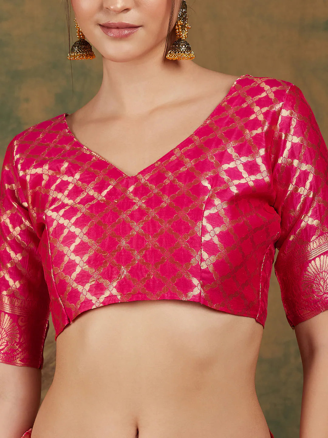 Pink Woven Polyester Saree | Kanchipuram Silk Saree Style