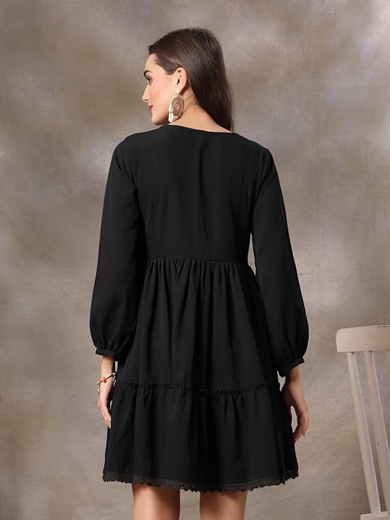 Women's Black Solid Crepe Flared Dress (DRSBLACKBARBIE) | DesiQlo