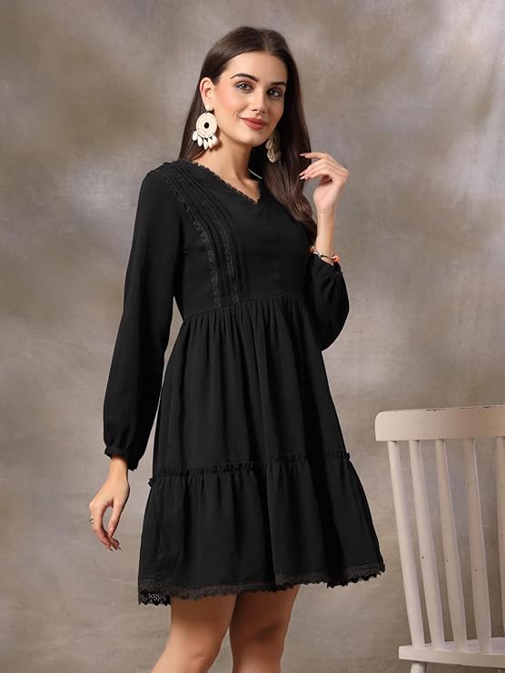 Women's Black Solid Crepe Flared Dress (DRSBLACKBARBIE) | DesiQlo
