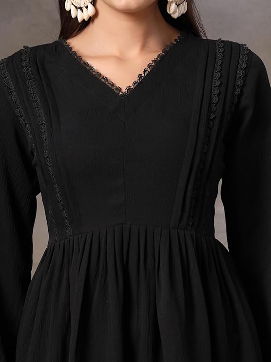 Women's Black Solid Crepe Flared Dress (DRSBLACKBARBIE) | DesiQlo