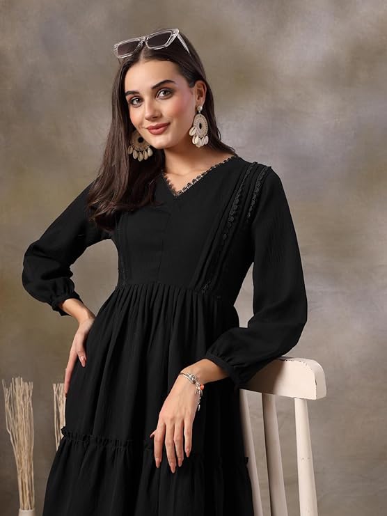 Women's Black Solid Crepe Flared Dress (DRSBLACKBARBIE) | DesiQlo