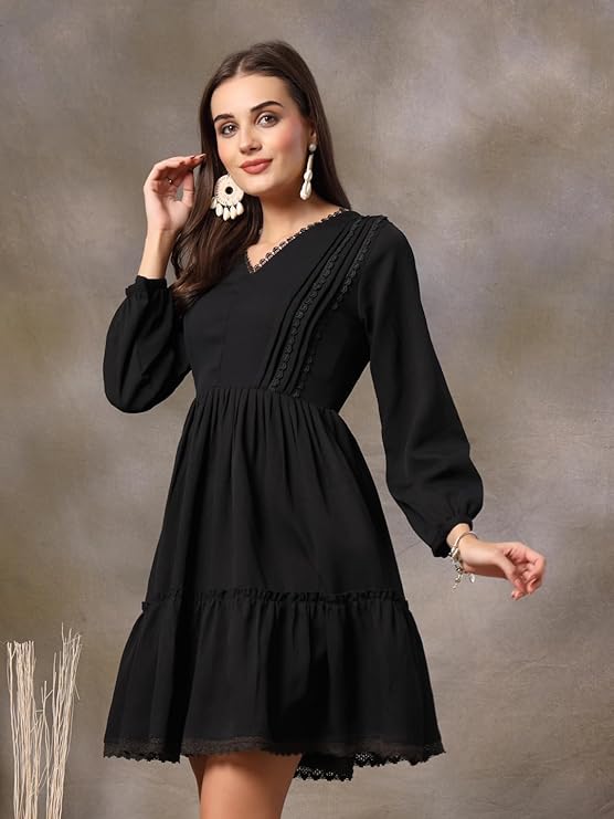 Women's Black Solid Crepe Flared Dress (DRSBLACKBARBIE) | DesiQlo