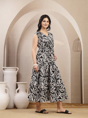 Stylum Women's Black Abstract Printed Poly Rayon Tiered Dress (DRSBLACKELARA)