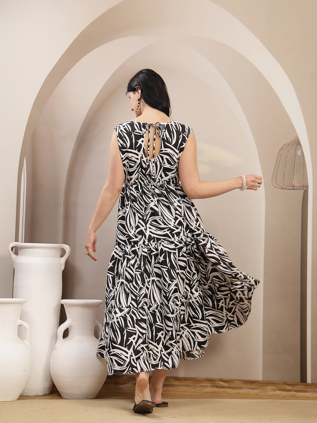 Stylum Women's Black Abstract Printed Poly Rayon Tiered Dress (DRSBLACKELARA)