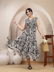Stylum Women's Black Abstract Printed Poly Rayon Tiered Dress (DRSBLACKELARA)