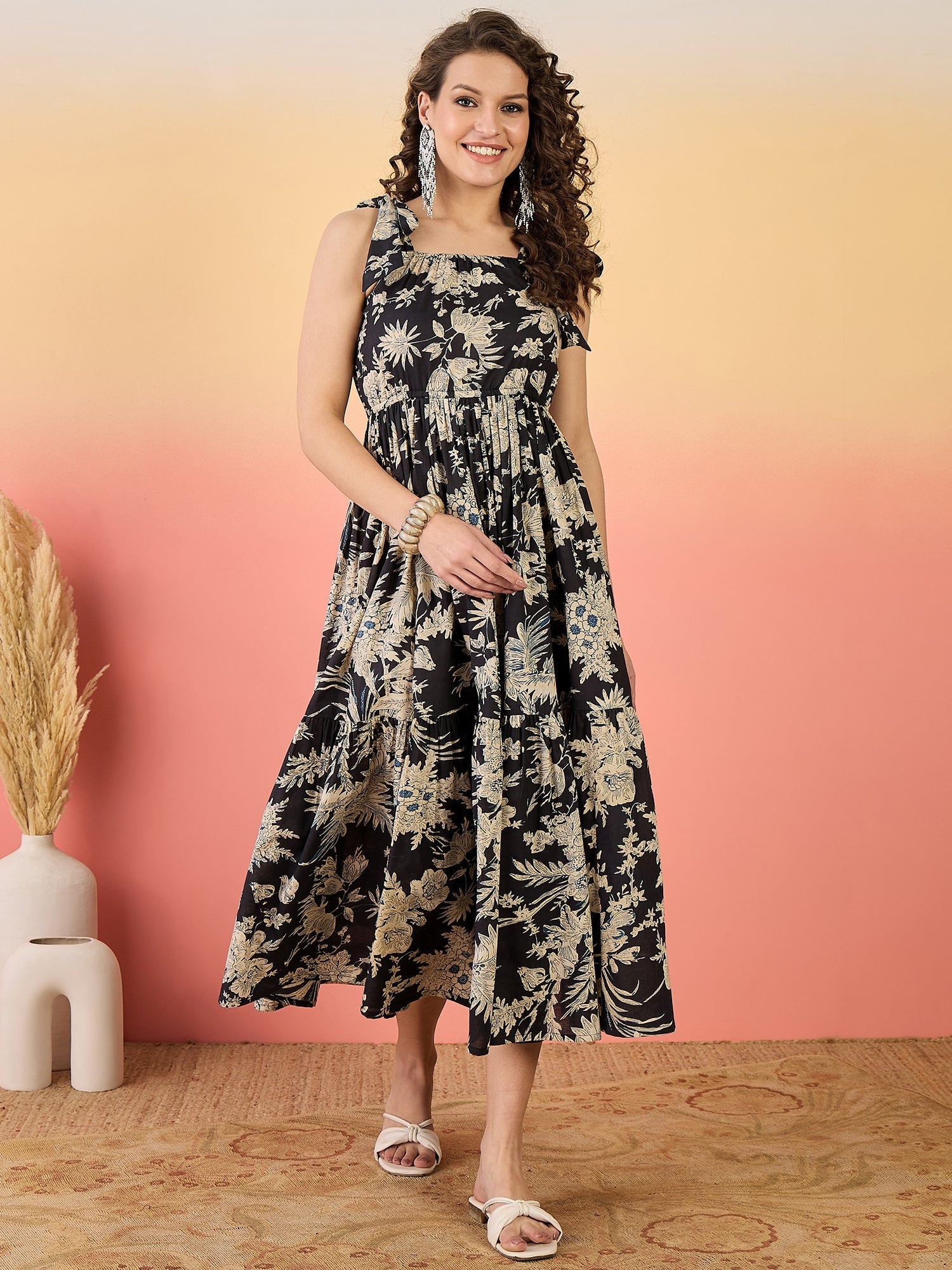 Women's Black Floral Printed Cotton Tiered Dress (DRSBLACKFENTY) | Des