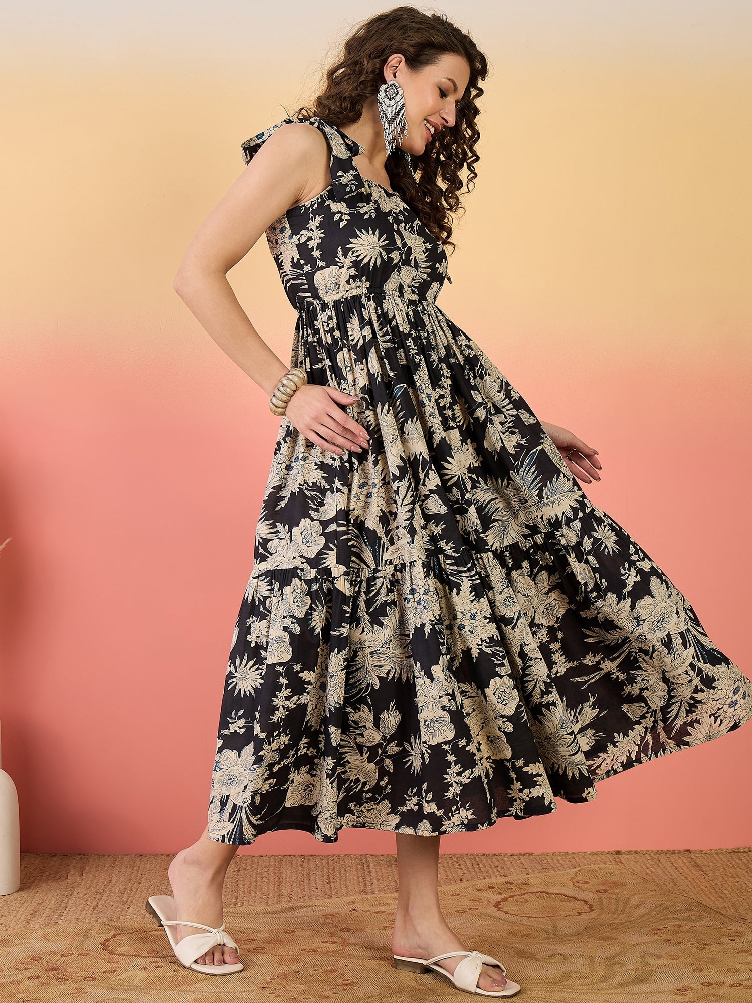 Women's Black Floral Printed Cotton Tiered Dress (DRSBLACKFENTY) | Des