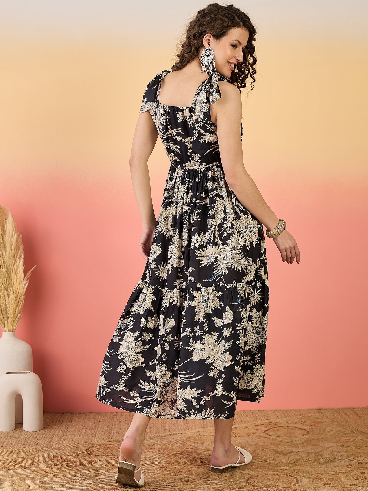 Women's Black Floral Printed Cotton Tiered Dress (DRSBLACKFENTY) | Des