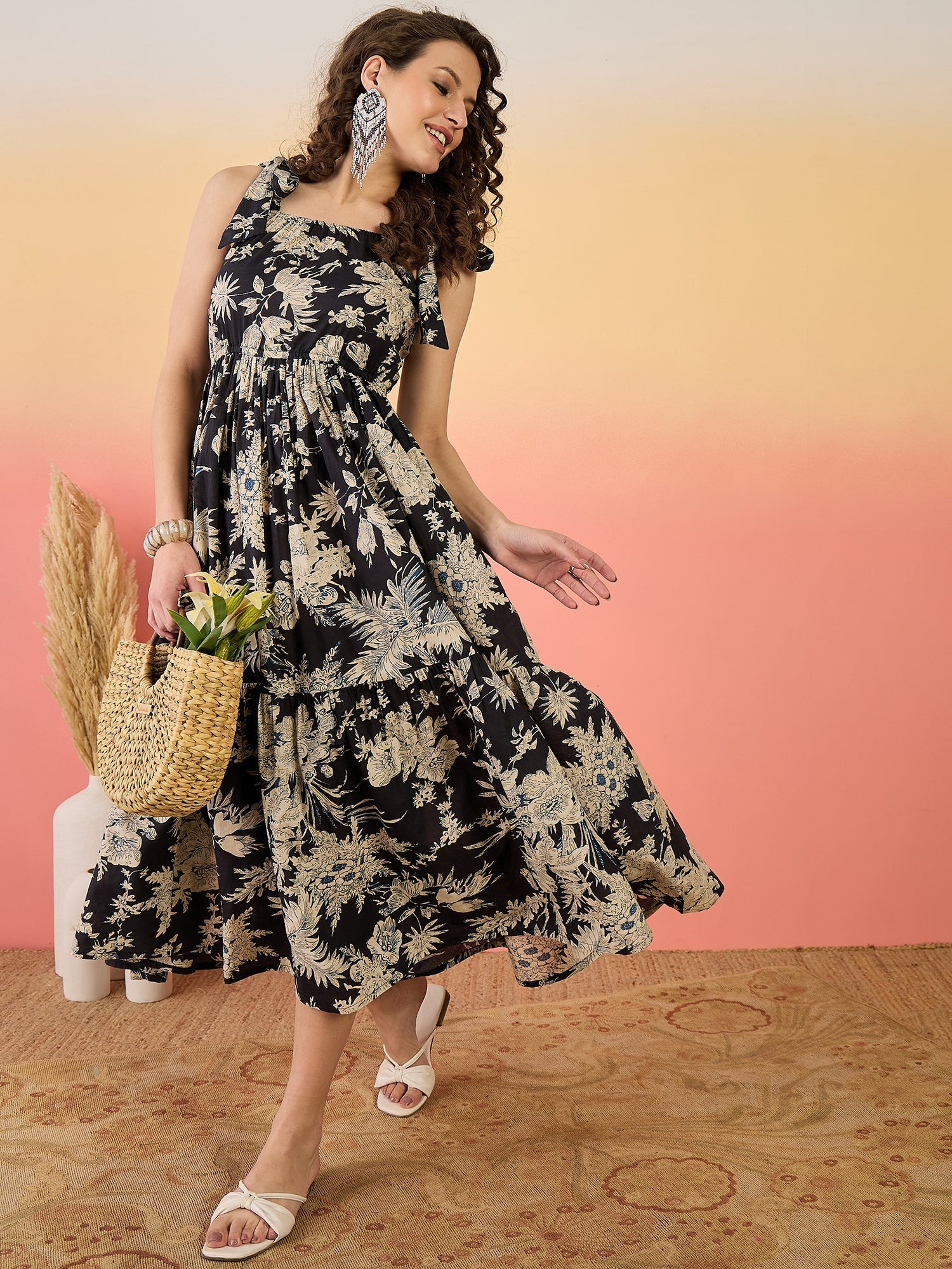 Women's Black Floral Printed Cotton Tiered Dress (DRSBLACKFENTY) | Des