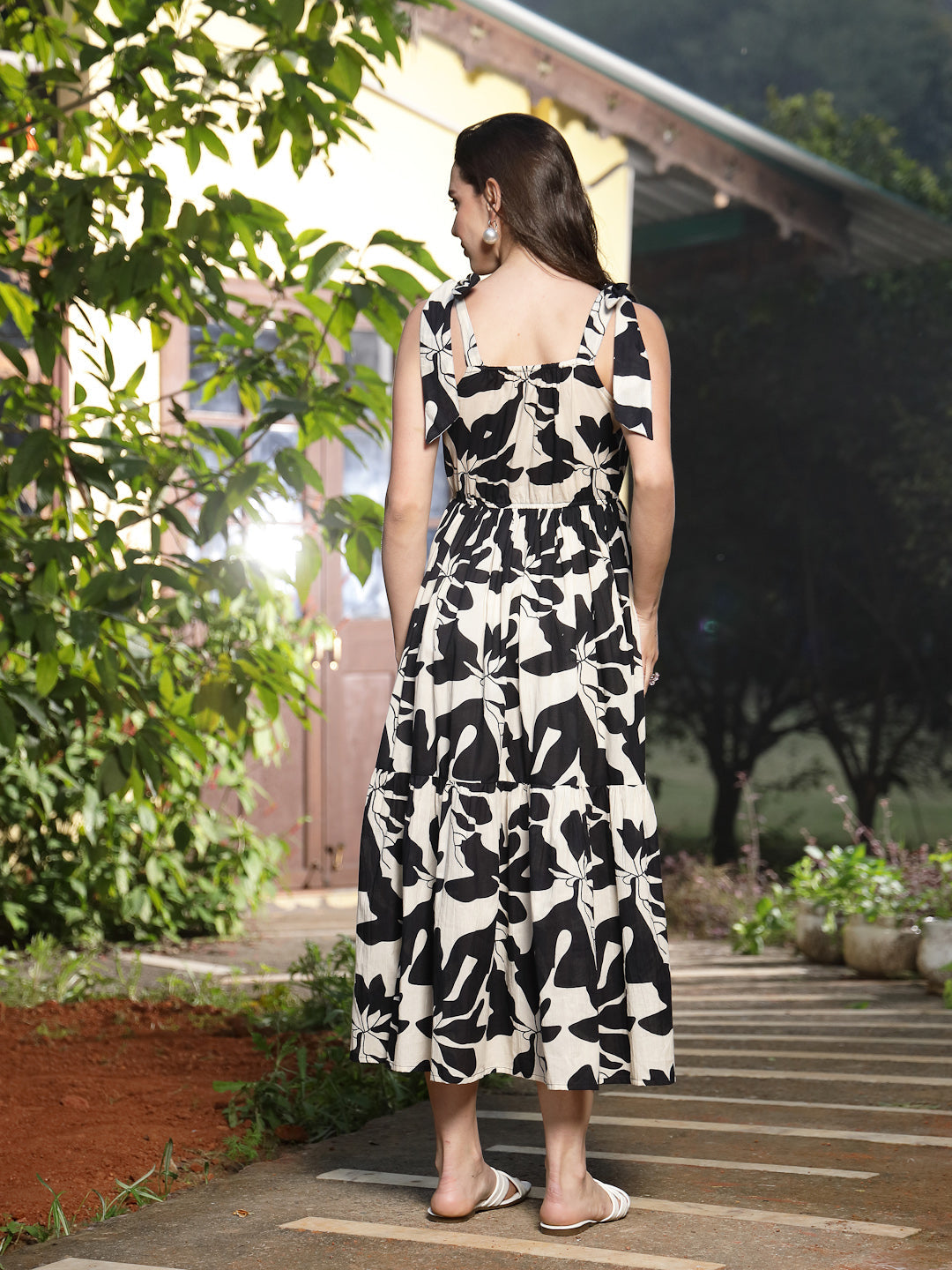 Women's Black Printed Cotton Tiered Dress (DRSBLACKFIFA) | DesiQlo