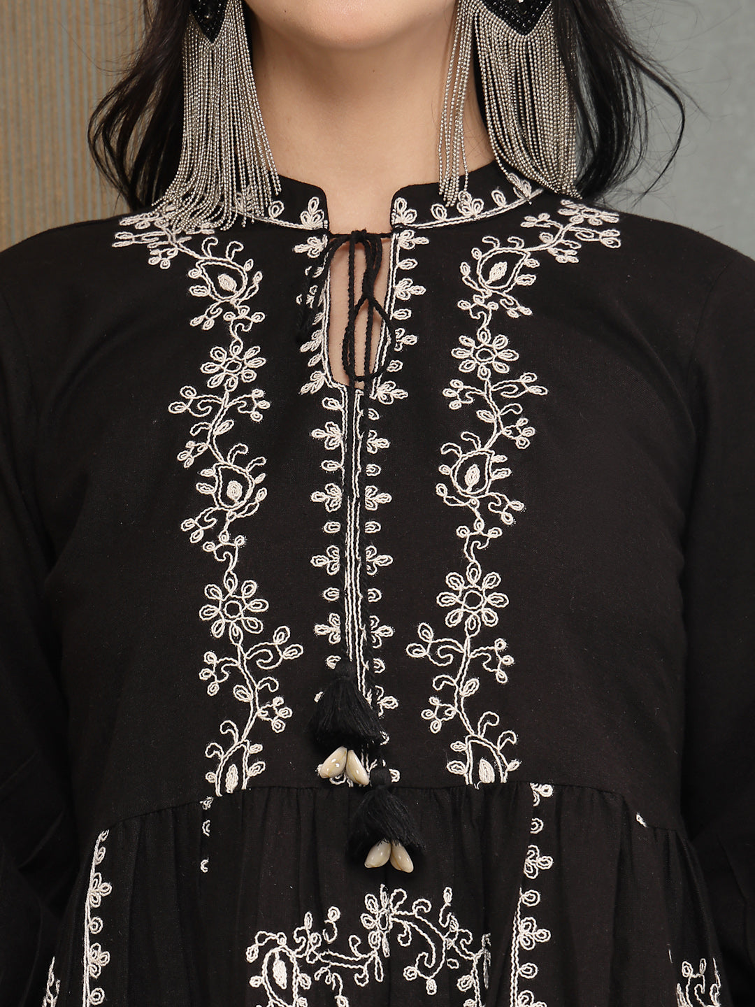 Women's Black Embroidered Cotton Flex Tiered Dress (DRSBLACKFIG) | Des