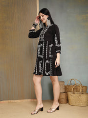 Stylum Women's Black Embroidered Cotton Flex Tiered Dress (DRSBLACKFIG)
