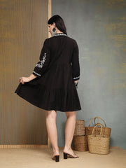 Stylum Women's Black Embroidered Cotton Flex Tiered Dress (DRSBLACKFIG)