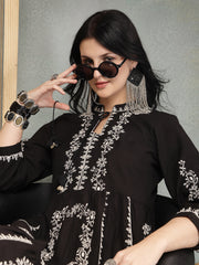 Stylum Women's Black Embroidered Cotton Flex Tiered Dress (DRSBLACKFIG)