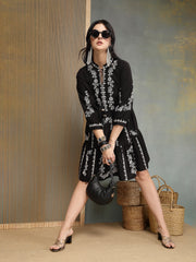 Stylum Women's Black Embroidered Cotton Flex Tiered Dress (DRSBLACKFIG)