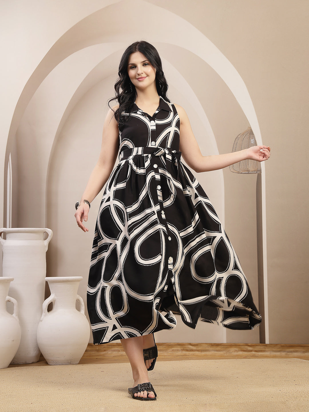 Women's Black Abstract Printed Rayon Pleated Dress (DRSBLACKJASHN) | D