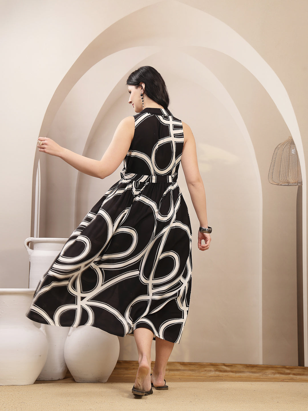 Women's Black Abstract Printed Rayon Pleated Dress (DRSBLACKJASHN) | D