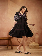 Stylum Women's Black Solid & Embroidered Rayon Tiered Dress (DRSBLACKNINA)