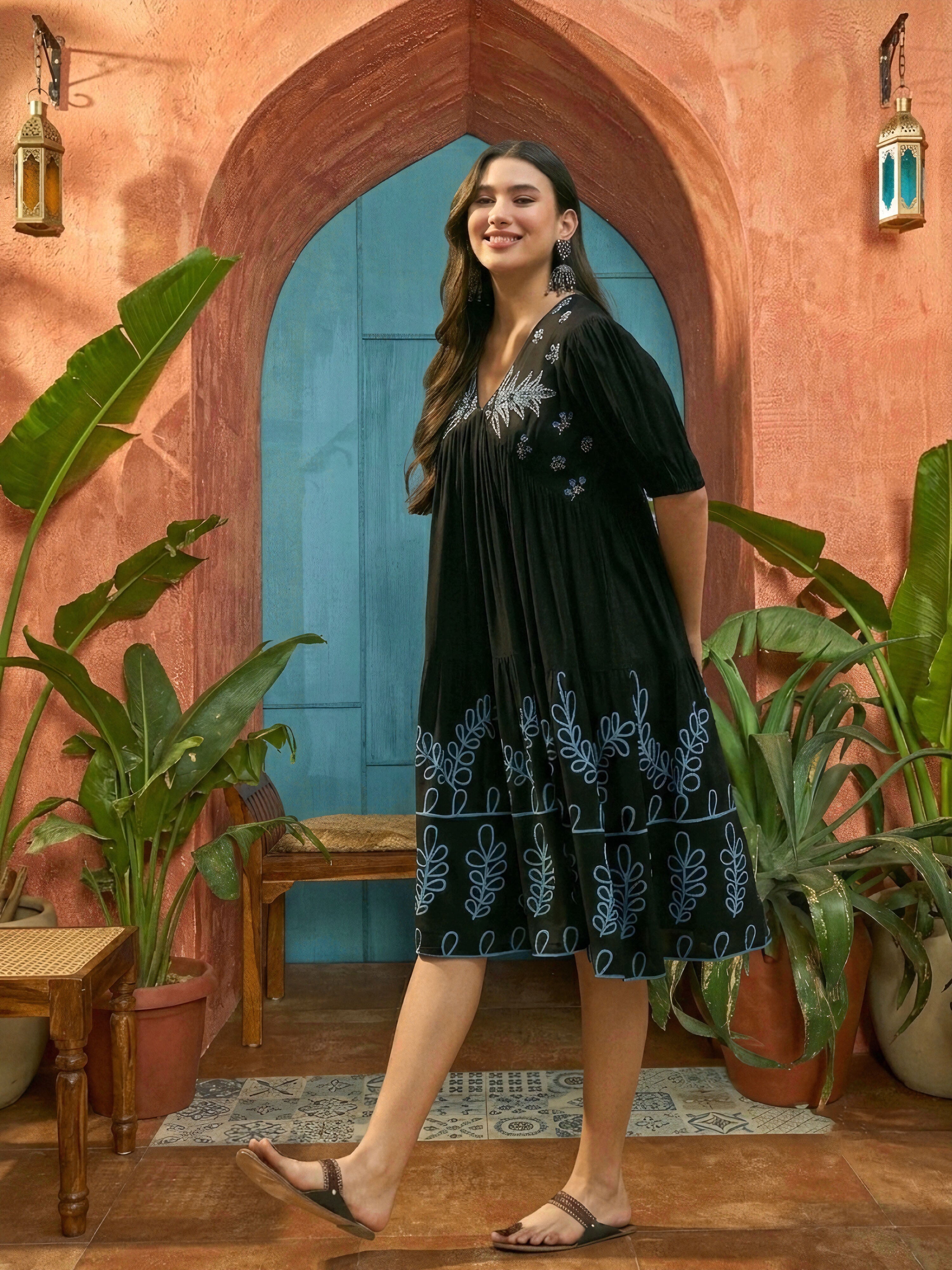 Women's Black Solid & Embroidered Rayon Empire Dress (DRSBLACKPANJIRI)