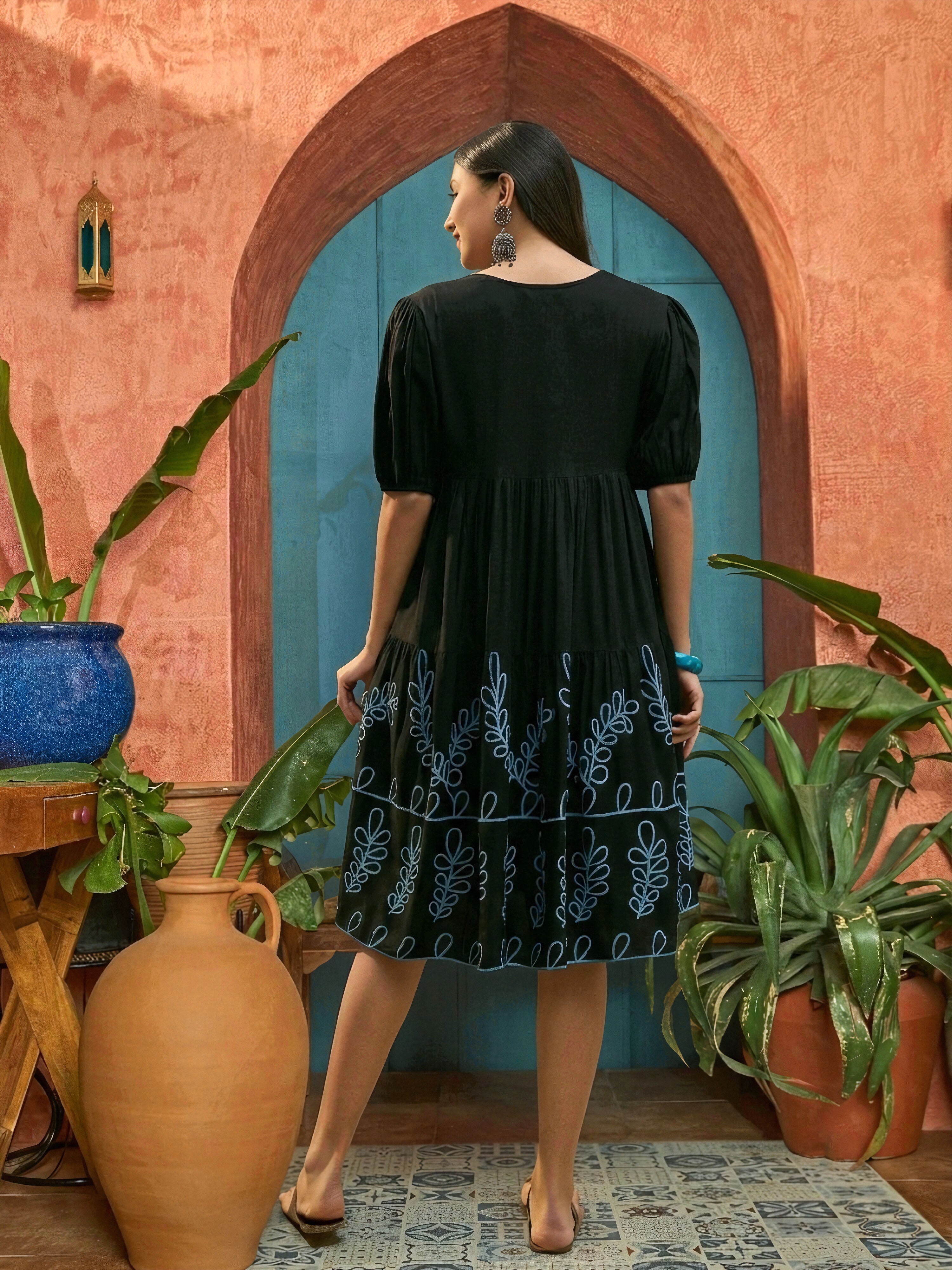 Women's Black Solid & Embroidered Rayon Empire Dress (DRSBLACKPANJIRI)