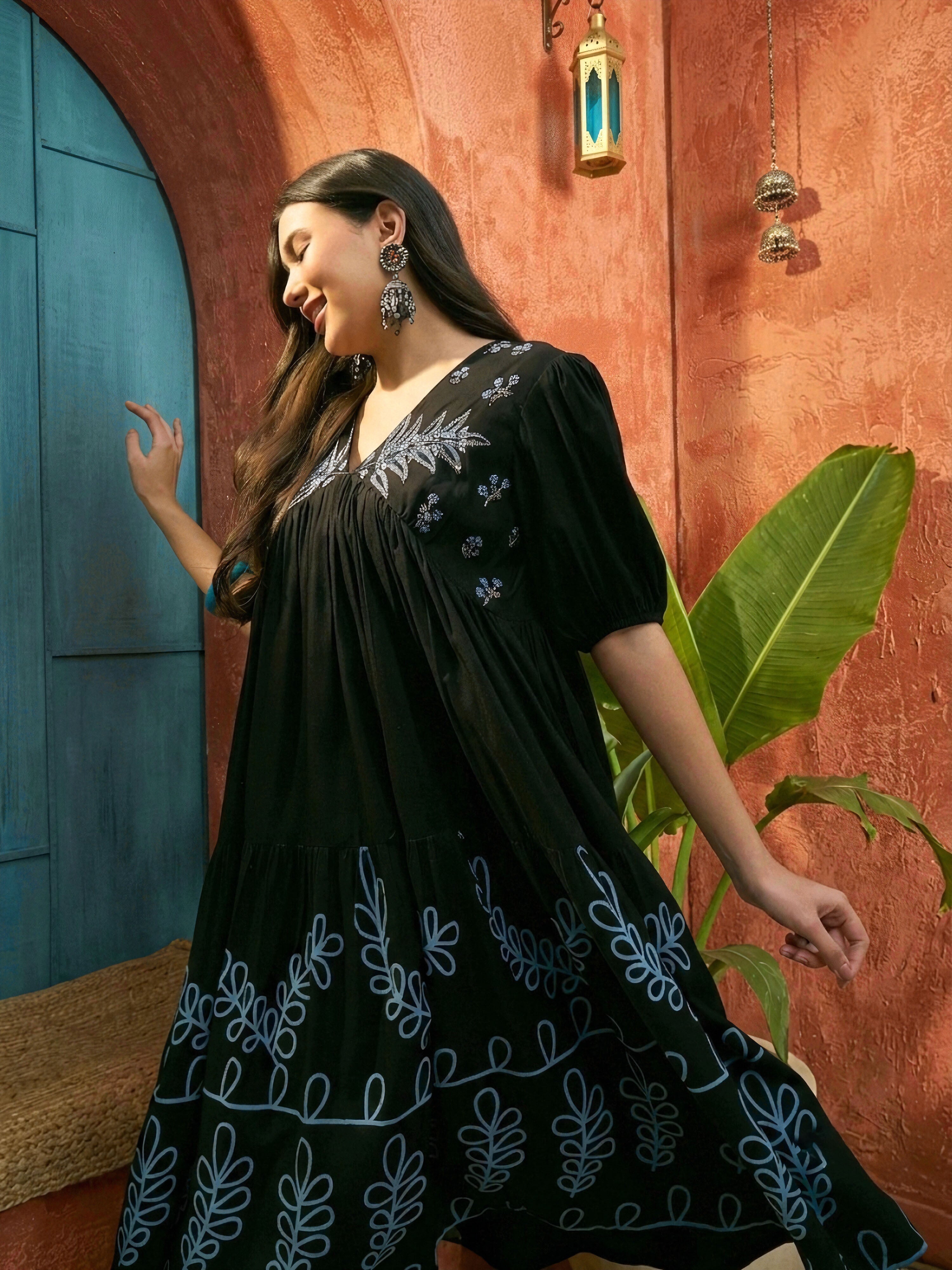 Women's Black Solid & Embroidered Rayon Empire Dress (DRSBLACKPANJIRI)