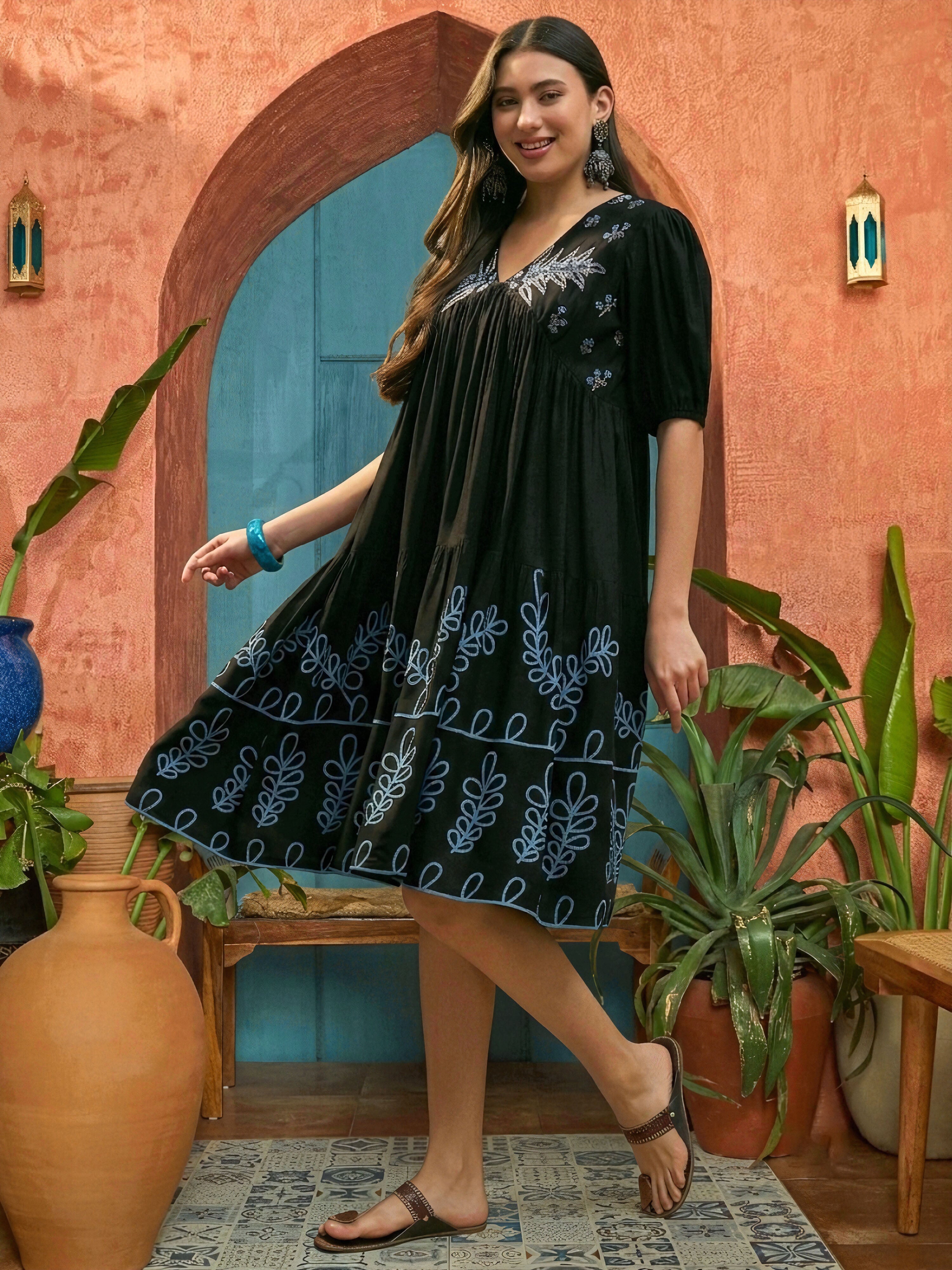 Women's Black Solid & Embroidered Rayon Empire Dress (DRSBLACKPANJIRI)