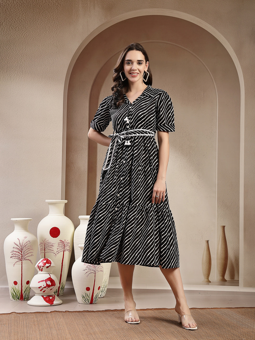 Women's Black Leheriya Printed Cotton Tiered Dress (DRSBLACKPEPPY) | D
