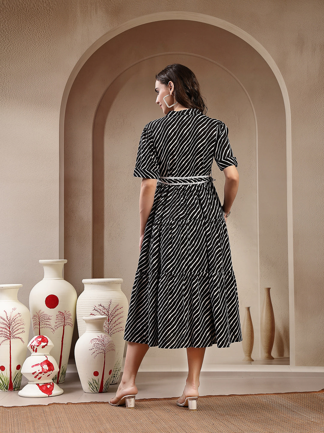 Women's Black Leheriya Printed Cotton Tiered Dress (DRSBLACKPEPPY) | D