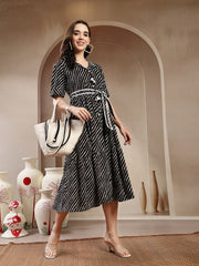 Stylum Women's Black Leheriya Printed Cotton Tiered Dress (DRSBLACKPEPPY)