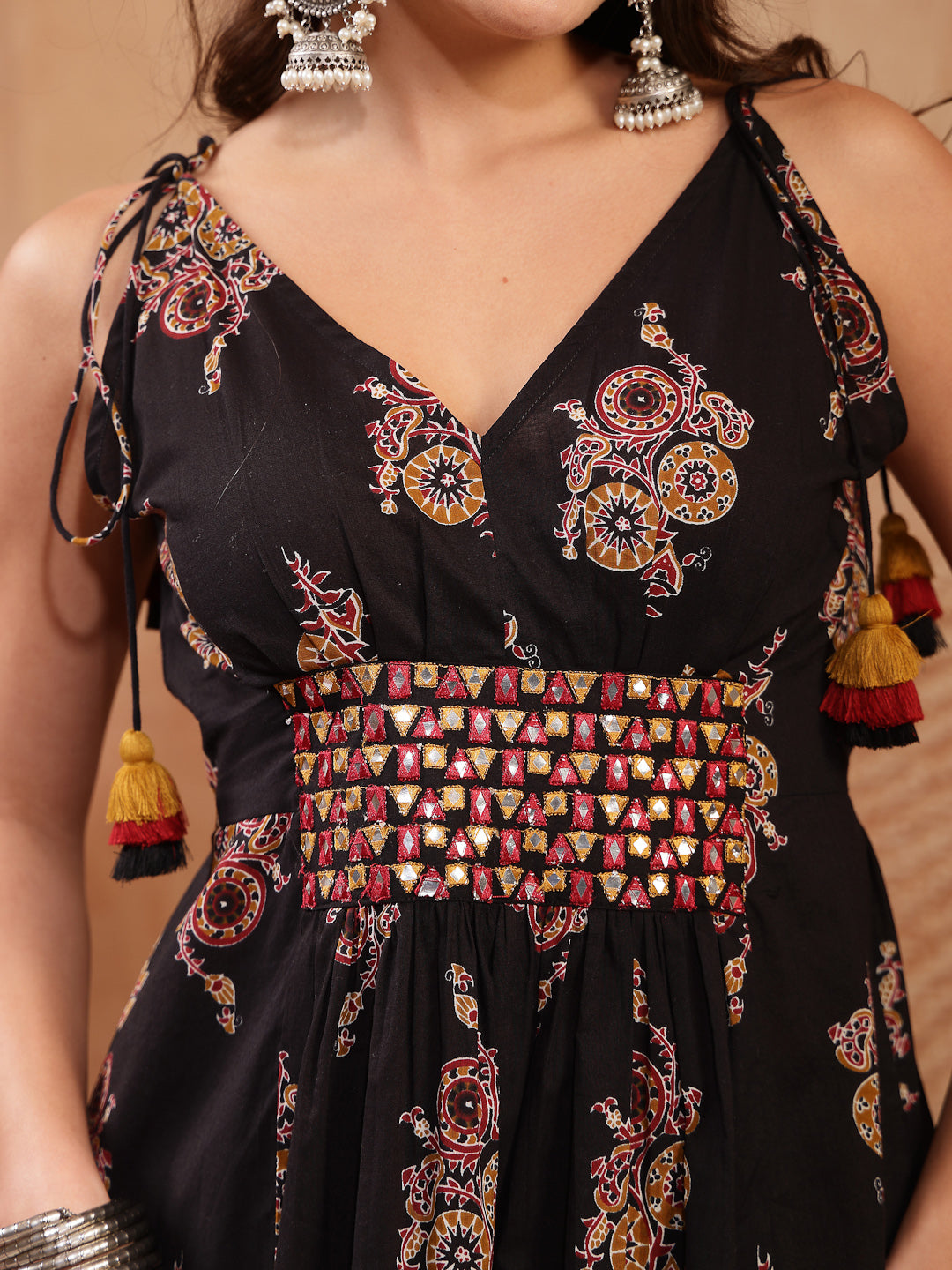Women's Black Ethnic Printed & Embroidered Cotton A-Line Shoulder Tie-
