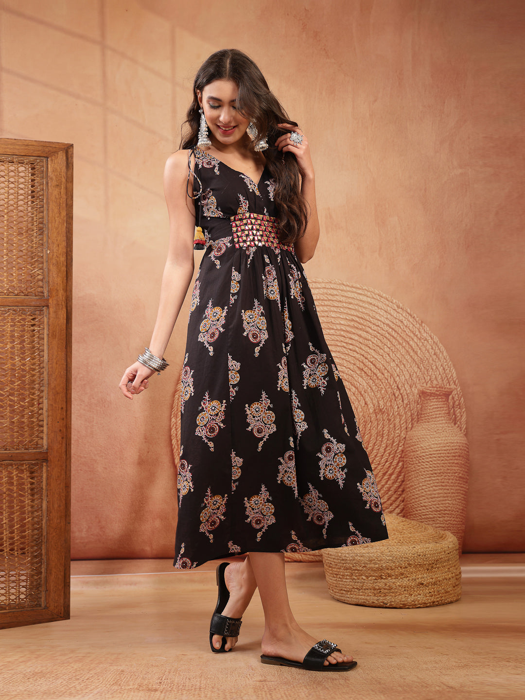 Women's Black Ethnic Printed & Embroidered Cotton A-Line Shoulder Tie-