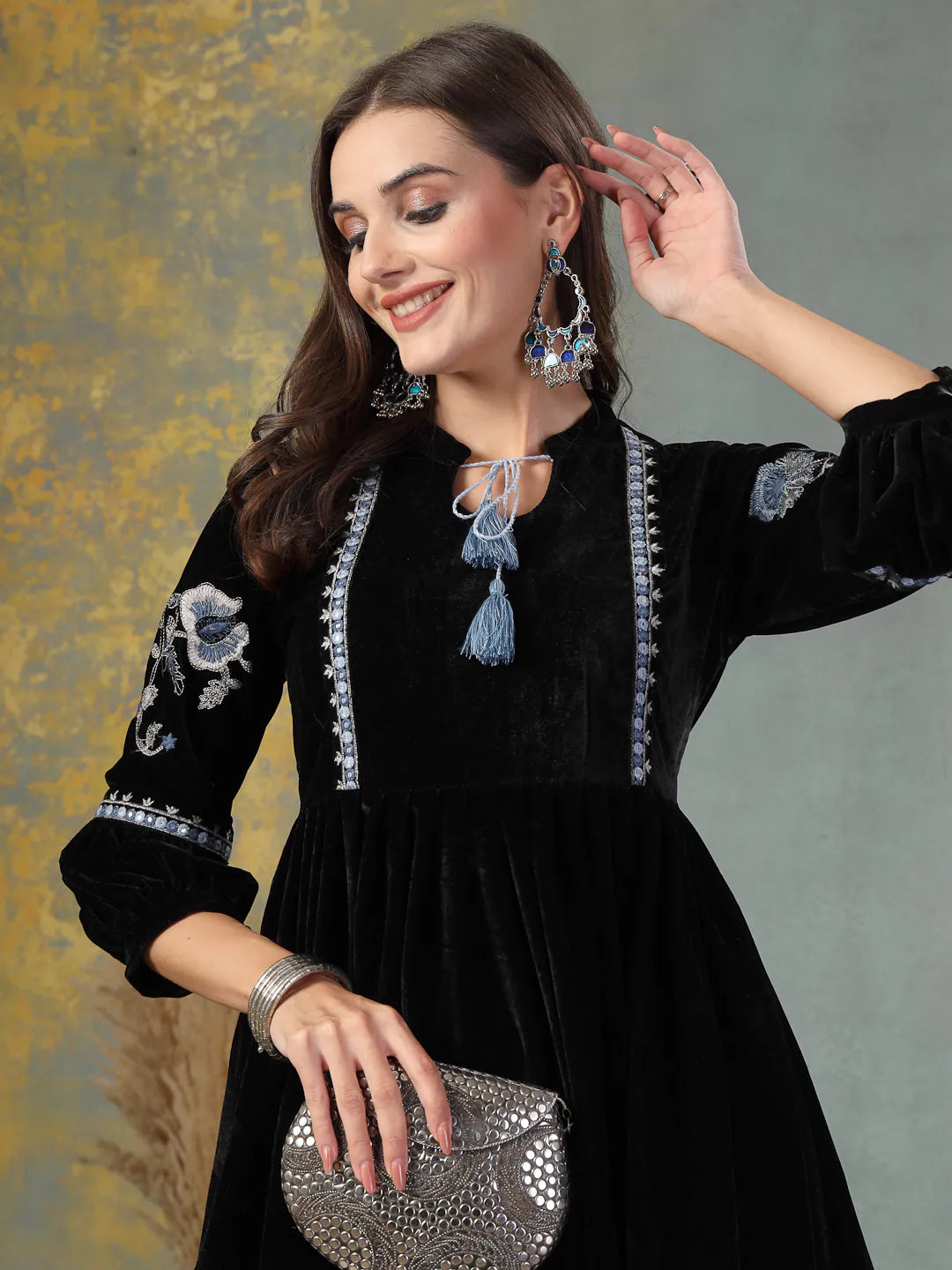 velvet flared dress Elegant Women Pleated Velvet Dress with Belt Long Sleeve Fit Flare Party Fashion