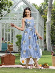 Stylum Women's Blue Striped & Floral Printed Cotton Dress (DRSBLUEAND)