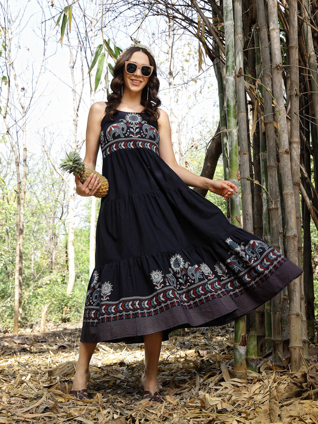 Women's Blue Ethnic Printed Cotton Flax Tiered Dress (DRSBLUEBAMBU) | 