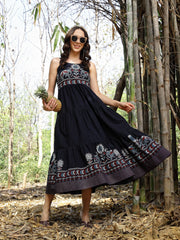 Stylum Women's Blue Ethnic Printed Cotton Flax Tiered Dress (DRSBLUEBAMBU)