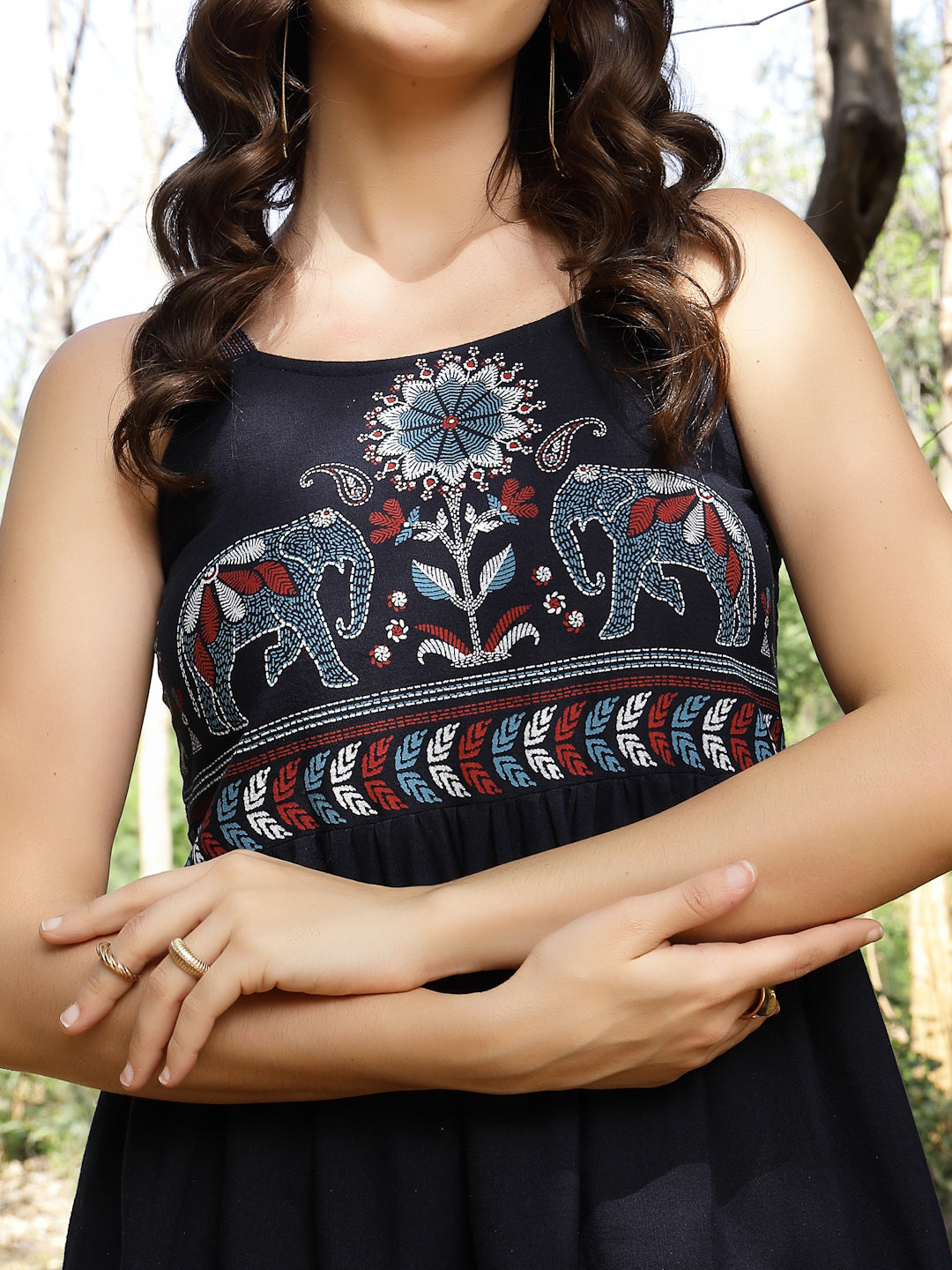 Women's Blue Ethnic Printed Cotton Flax Tiered Dress (DRSBLUEBAMBU) | 